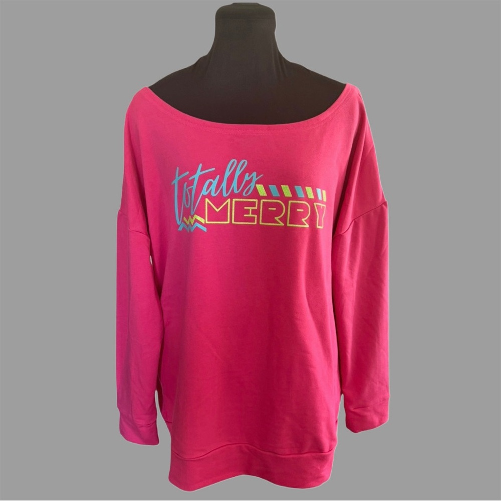 Hot Pink 80s theme Off-Shoulder Sweatshirt with Lettering Design